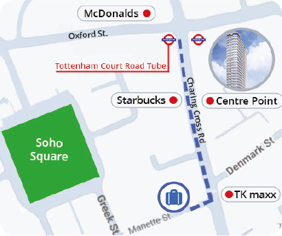 Map showing Luggage Sorted at 16 Manette Street — 1 minute walk from Tottenham Court Road tube station